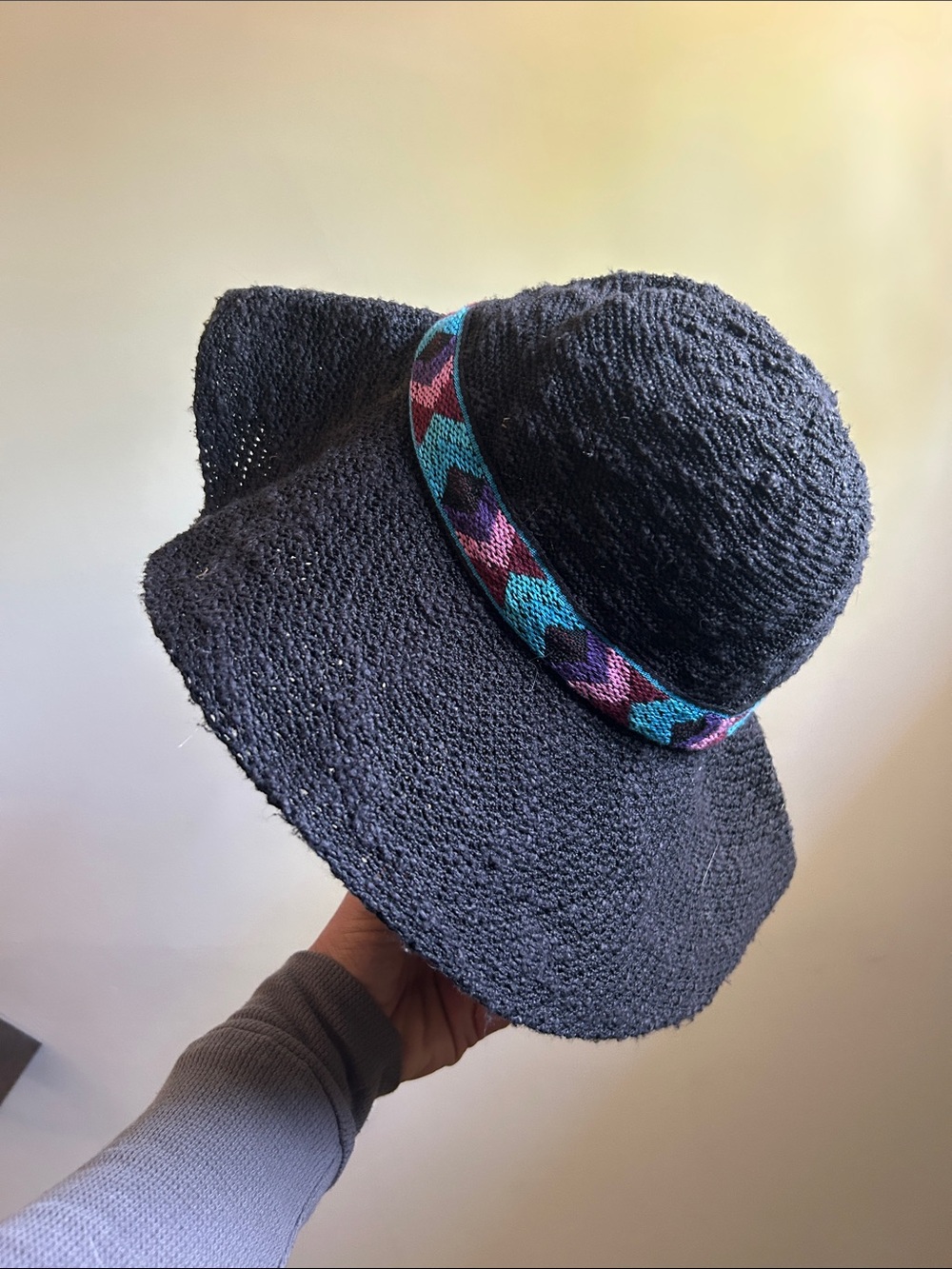 Black Wide-Brim Woven Sun Hat with Aztec Style Turquoise & Purple Band - Picture 3 of 9